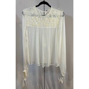 Free People Ivory Embroidered Boho Peasant Blouse Medium Sheer Tassel Tie Top